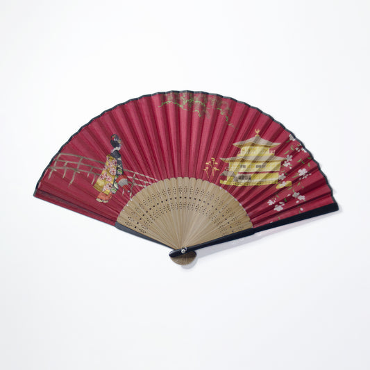 シルク扇子 金閣寺 舞妓はん　Silk Fan Kinkakuji Maiko